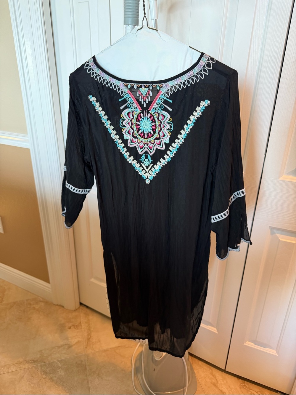 Johnny Was Black Embroidered V-Neck Tunic with Aqua & Pink Accents